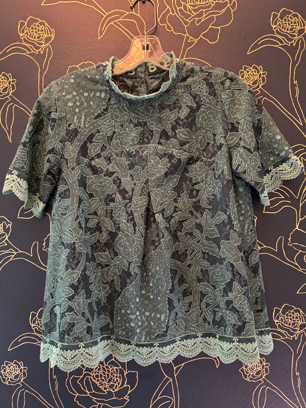 HD in Paris for ANTHROPOLOGIE lace PEACOCK embroidered SHORT SLEEVE top size 4